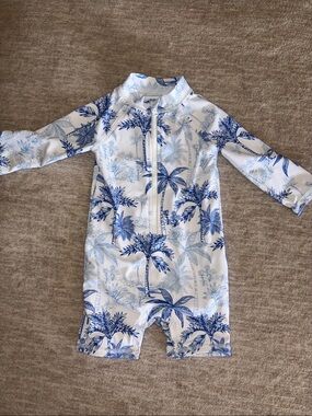 Janie and Jack Kids Long Sleeve Blue Palm Print Rashguard One-Piece Swim Suit